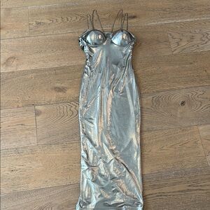 JLUXLABEL Metallic Silver Maxi Dress with Spaghetti Chain Straps